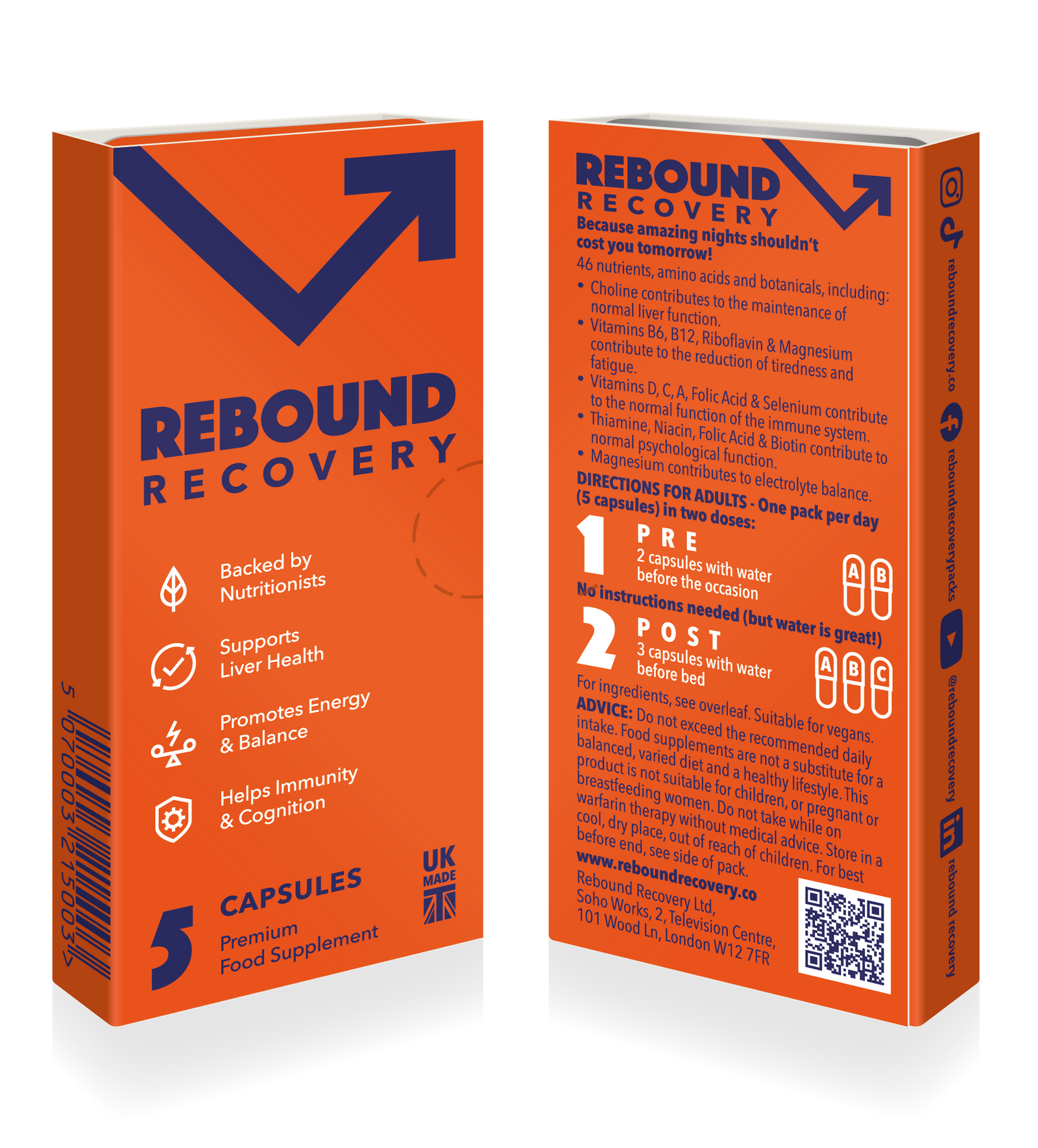Image shows the front and back of a Rebound Recovery wellness pack, a premium food supplement designed to support energy, balance and immunity after nights out.
